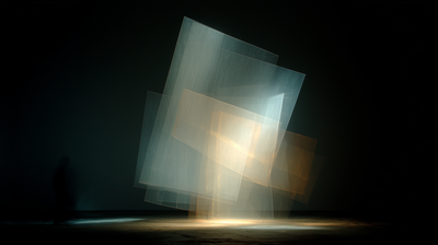 Overlapping translucent rectangular planes of warm amber and cool white light hover in deep darkness, a small shadowy figure barely visible at the base, the geometric form tilting slightly forward as if leaning.