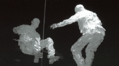 Two large white-grey painterly figures face each other across a thin vertical line dividing the frame, one seated and pulling back, the other standing and reaching forward, both rendered in rough impasto brushstrokes against pure black.