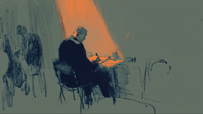 A charcoal-sketch figure sits at a plain desk illuminated by a warm orange spotlight, pen poised over paper, a ghostly second figure visible in the shadows behind, the scene rendered in muted sage green and burnt orange.