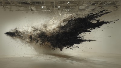 A massive explosion of black and white matter suspended mid-flight in a stark white gallery space, dark particles dispersing from a dense central mass hovering above a pale floor, ceiling infrastructure visible above.