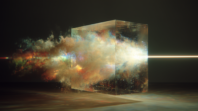 A transparent cubic prism sits on a dark surface, containing swirling nebular clouds of amber, blue, and gold. Chaotic colorful gas enters from the left while a single sharp beam of white light exits cleanly from the right edge.