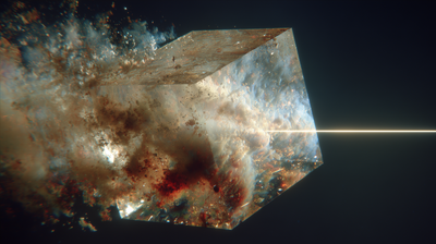 Close view of a massive crystalline cube tilted in dark space, its interior roiling with turbulent rust-red and blue-white clouds, a single clean beam of warm white light projecting from its right edge into darkness.
