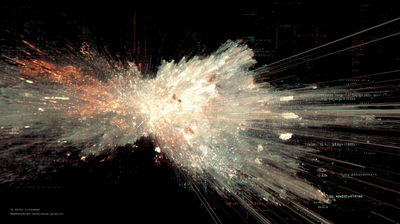 A brilliant explosion of white-hot particles and light rays bursts outward from a central point against deep black, surrounded by streams of green and red code text and data fragments radiating in every direction.