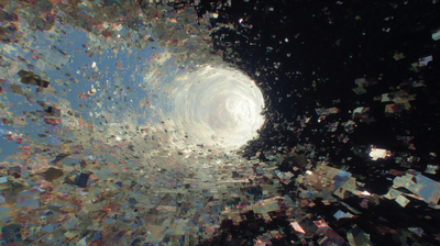 A spiraling tunnel of countless iridescent data fragments and crystalline shards receding into a luminous white vortex center, blue sky visible through the swirl, deep black void surrounding the outer edges.